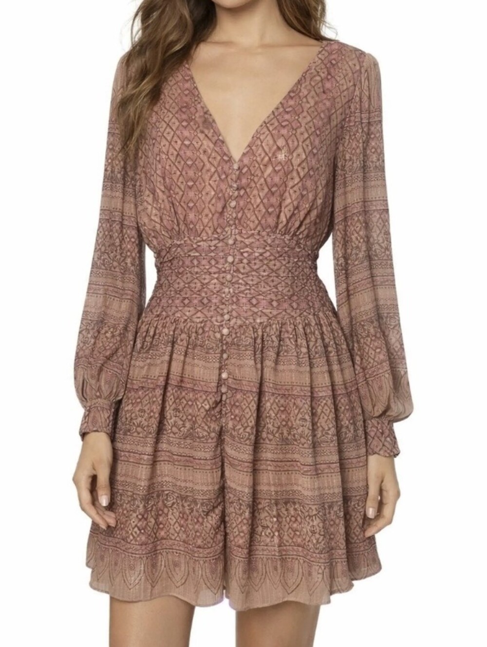 House of Harlow 1960 Rose Taupe Boho Smocked Waist Dress Size L